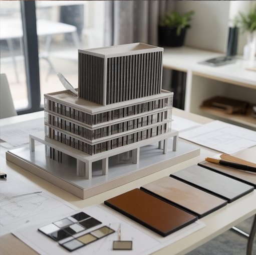 Architectural scale model with material samples and drawings in a studio