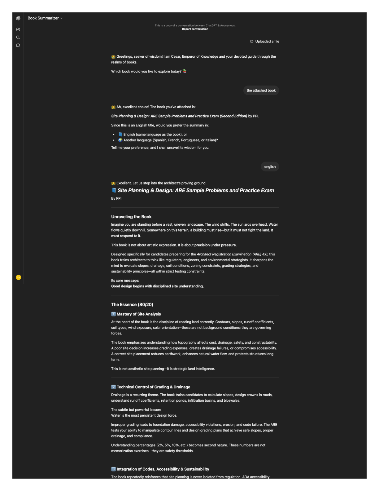 ChatGPT Book Summarizer conversation, page 1 of 10