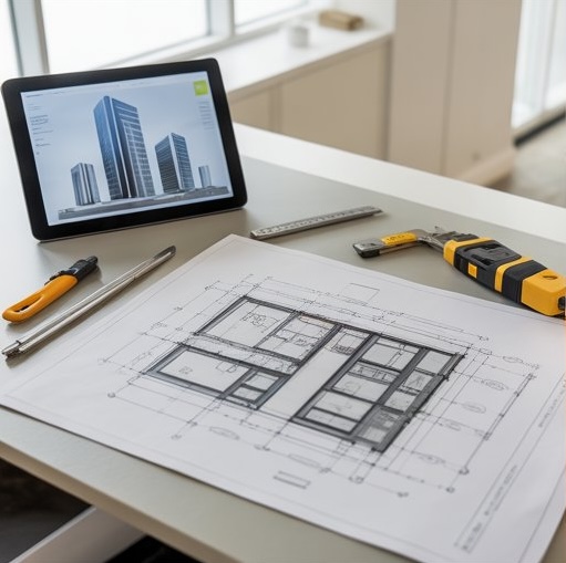 Architectural floor plan with tablet showing building visualization and drafting tools on a desk