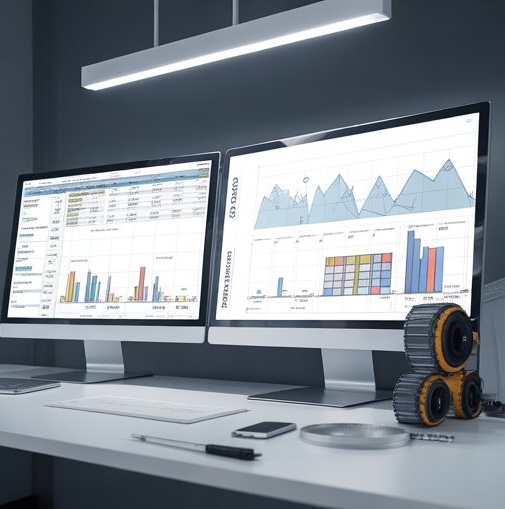 Dual monitors with project schedules, charts, and construction management data