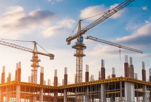 Construction site with tower cranes and safety hard hats at sunset